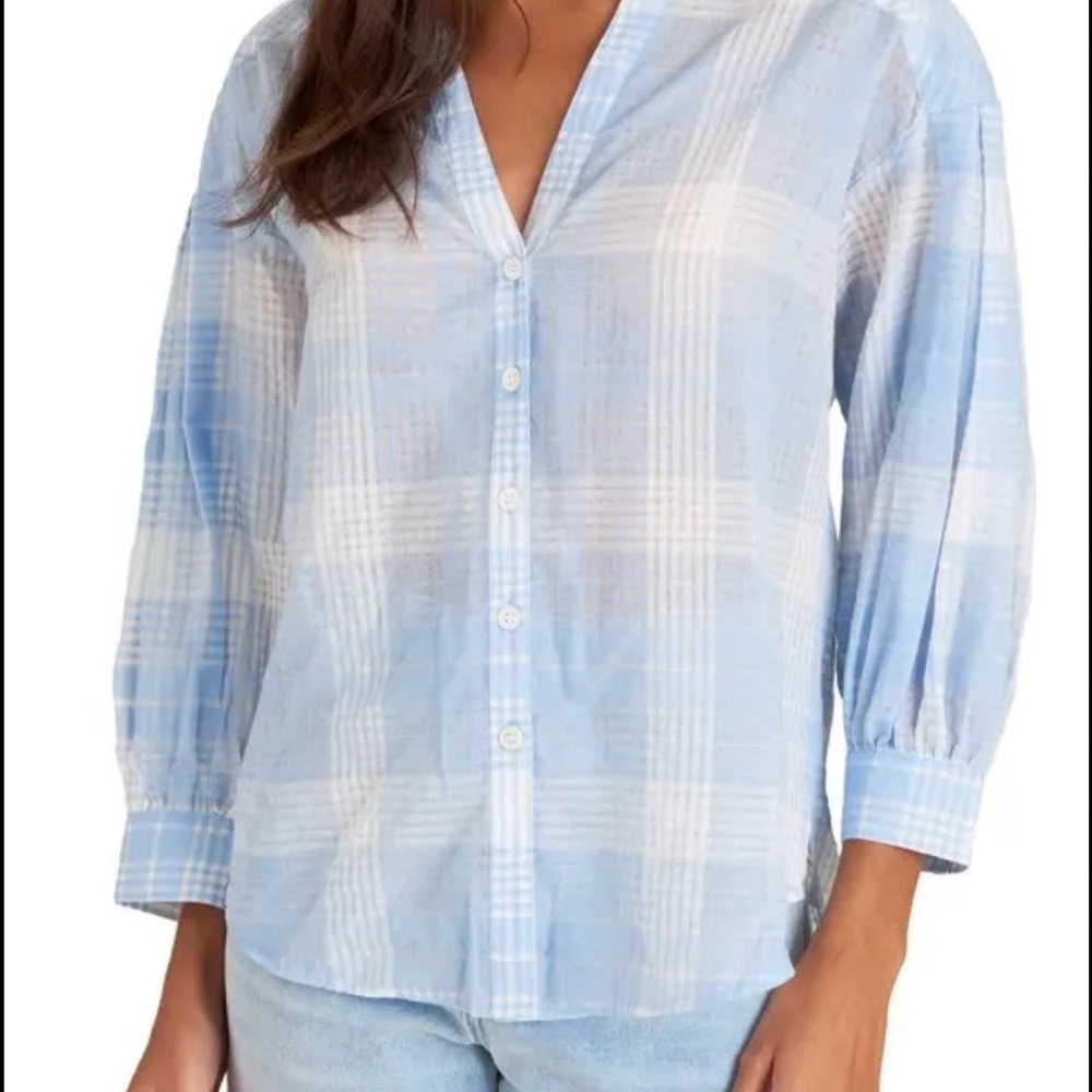 Veronica Beard Light Blue White Checkered Plaid Button Down Shirt  Blouse Small